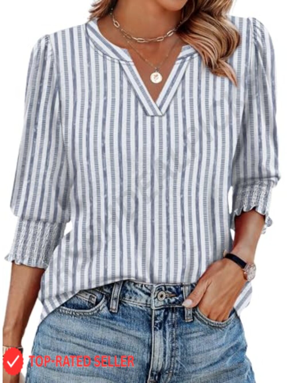 Women's 3/4 Sleeve V-Neck Blouse Smocked Cuff Puff Sleeve Top
